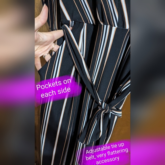 3/4 sleeve romper, jumpsuit size lg, black with stripes, EUC - Picture 2 of 13